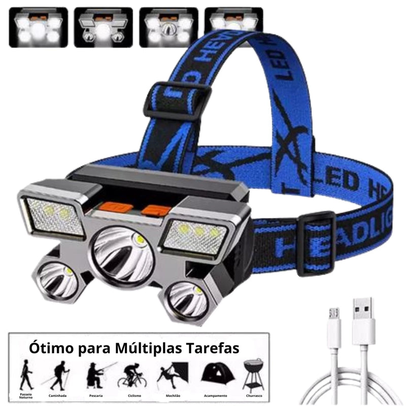 Lanterna de Cabeça Recarregável USB 5 LEDs • 4 Modos • Super Potente para Camping, Caça e Bike