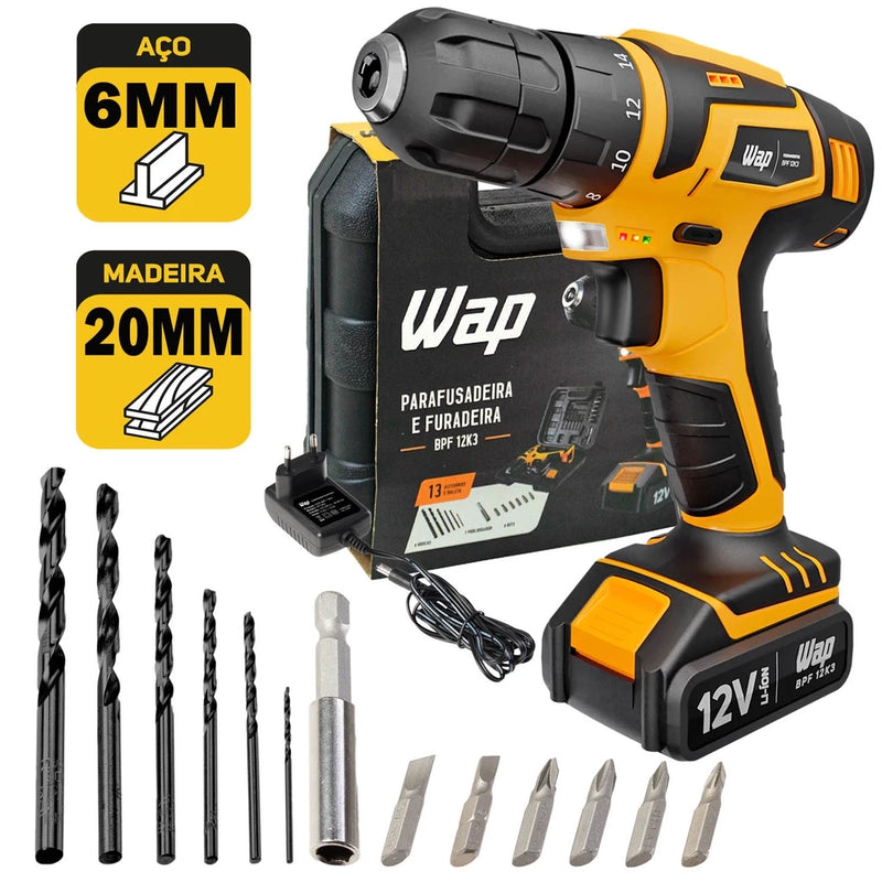 Parafusadeira/Furadeira Sem Fio 12V + Maleta + Kit de Brocas e Acessórios – WAP BPF-12K3