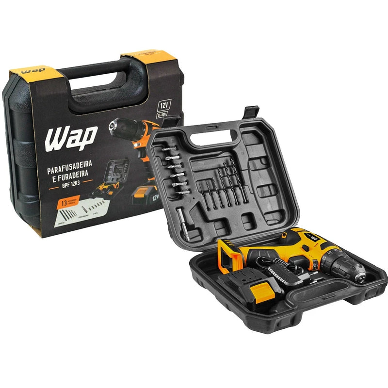 Parafusadeira/Furadeira Sem Fio 12V + Maleta + Kit de Brocas e Acessórios – WAP BPF-12K3